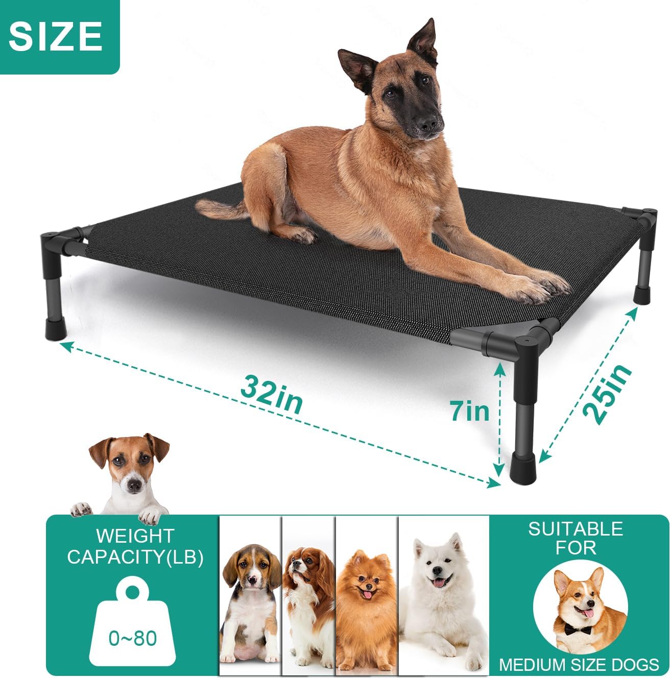 Medium Elevated Outdoor Dog Bed (32x25x8in) β Raised, Waterproof Dog Cot with Breathable Teslin Mesh, Durable Non-Slip Base, Portable Design, Supports Up to 80 lbs, Black