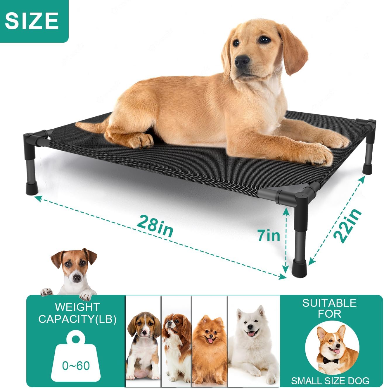 Small Elevated Outdoor Dog Bed (28x22x7in) – Raised, Waterproof, Breathable Teslin Mesh, Durable and Non-Slip Portable Camping Bed for Dogs (Supports Up to 60 lbs), Black