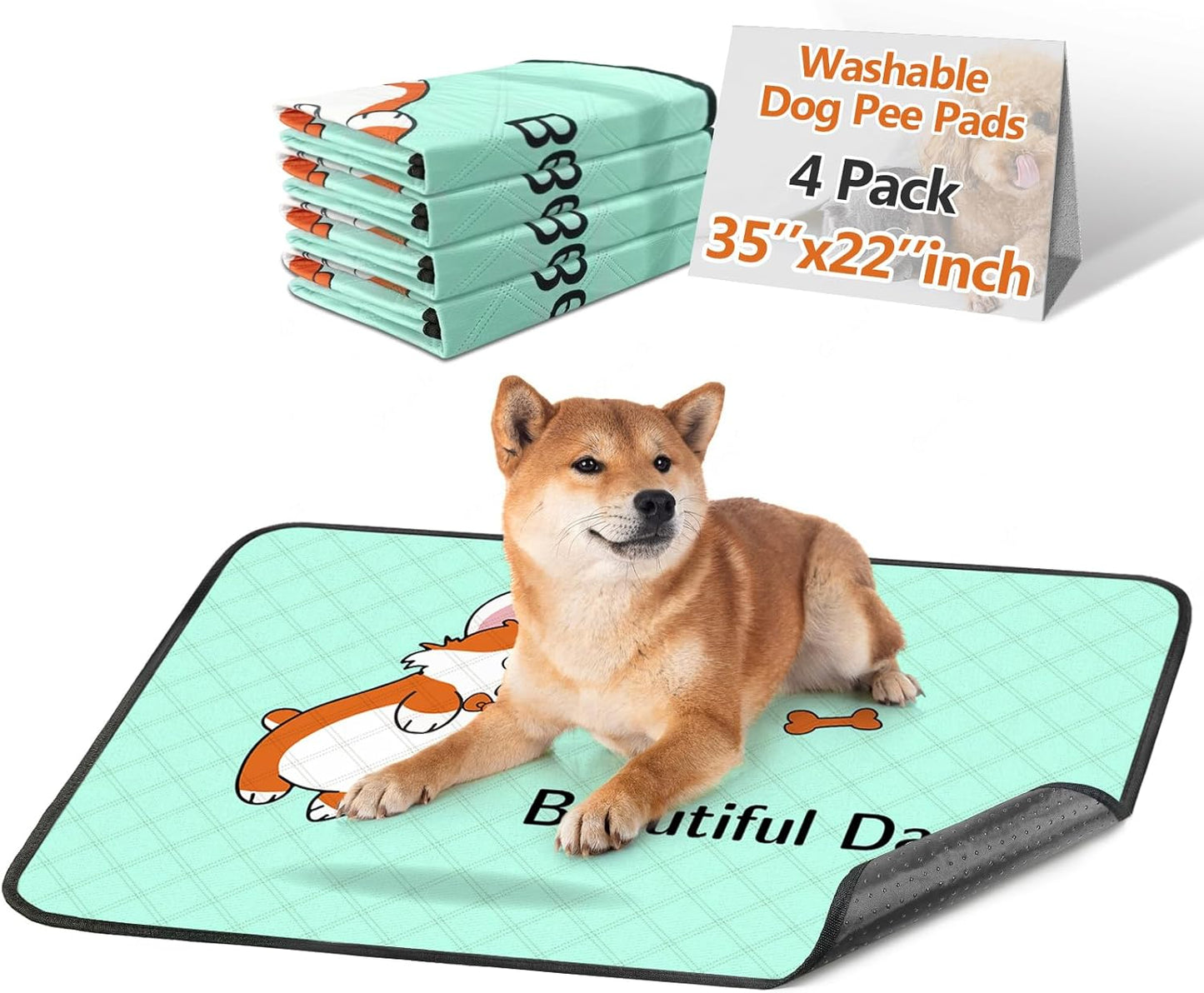 Blue 4-Pack Reusable Pee Pads for Dogs (35x22in) – Extra-Absorbent, Thick, Leak-Resistant, with Non-Slip Base – Perfect for Puppy Playpen, Crate, Whelping Box, and Potty Training