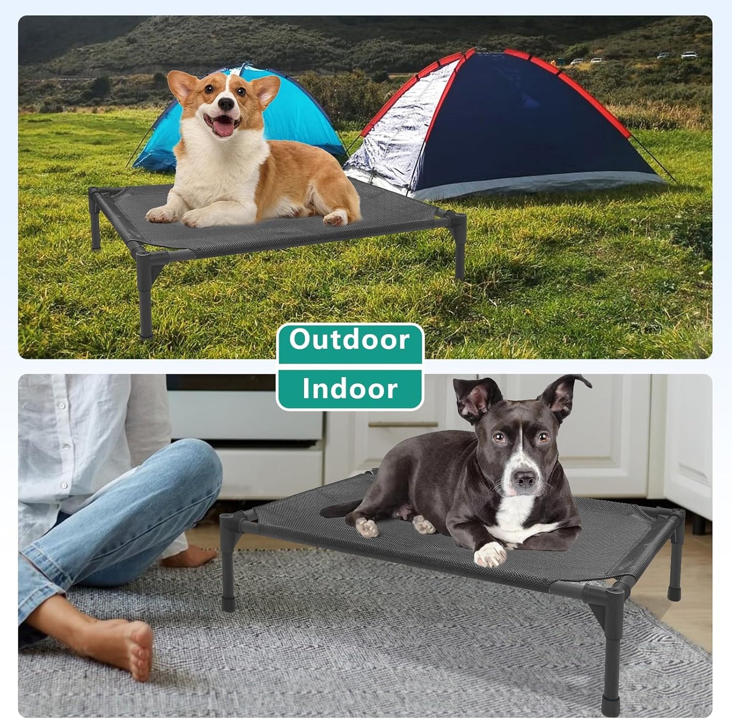 Small Elevated Outdoor Dog Bed (28x22x7in) – Raised, Waterproof, Breathable Teslin Mesh, Durable and Non-Slip Portable Camping Bed for Dogs (Supports Up to 60 lbs), Black
