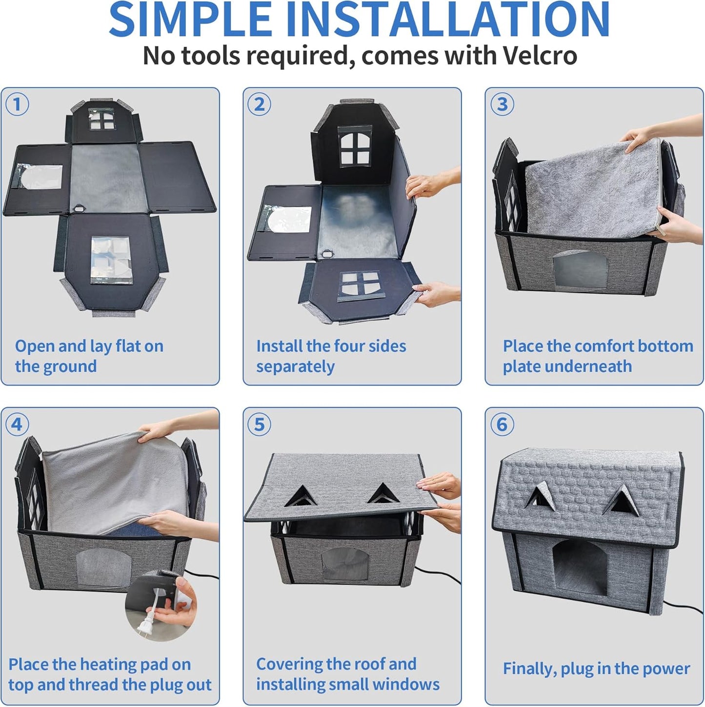 Heated Cat House with Pet Heating Pads – Intelligent Thermostat Controller, Indoor/Outdoor Kitty Shelter, Foldable Heated Bed for Puppies, Waterproof, Sturdy Design with Cute Windows