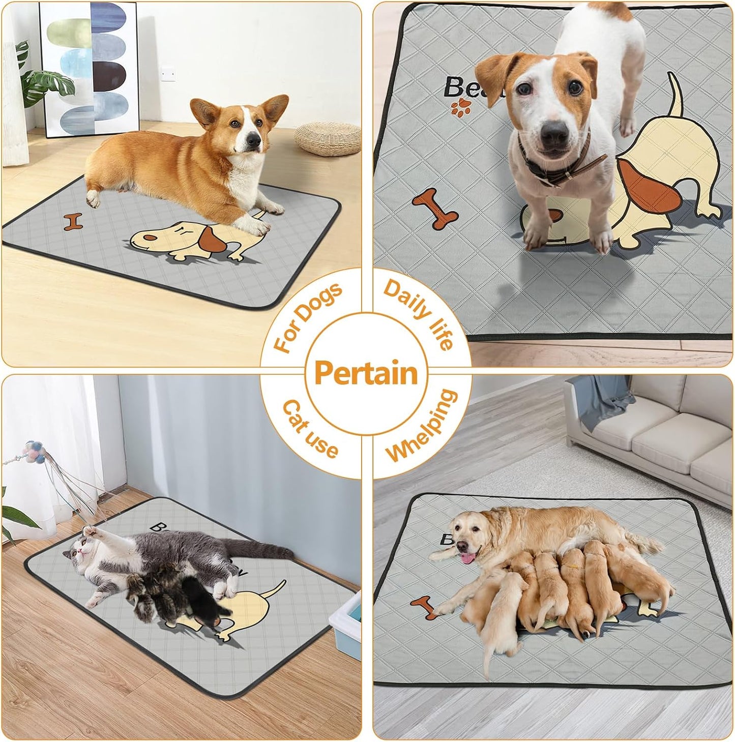 "Set of 2 Washable Dog Pee Pads (47x32in) – Extra-Absorbent, Thick, Reusable with Non-Slip Backing, Prevents Leaks – Perfect for Puppy Playpen, Crate, Whelping Box, and Potty Training – Grey"
