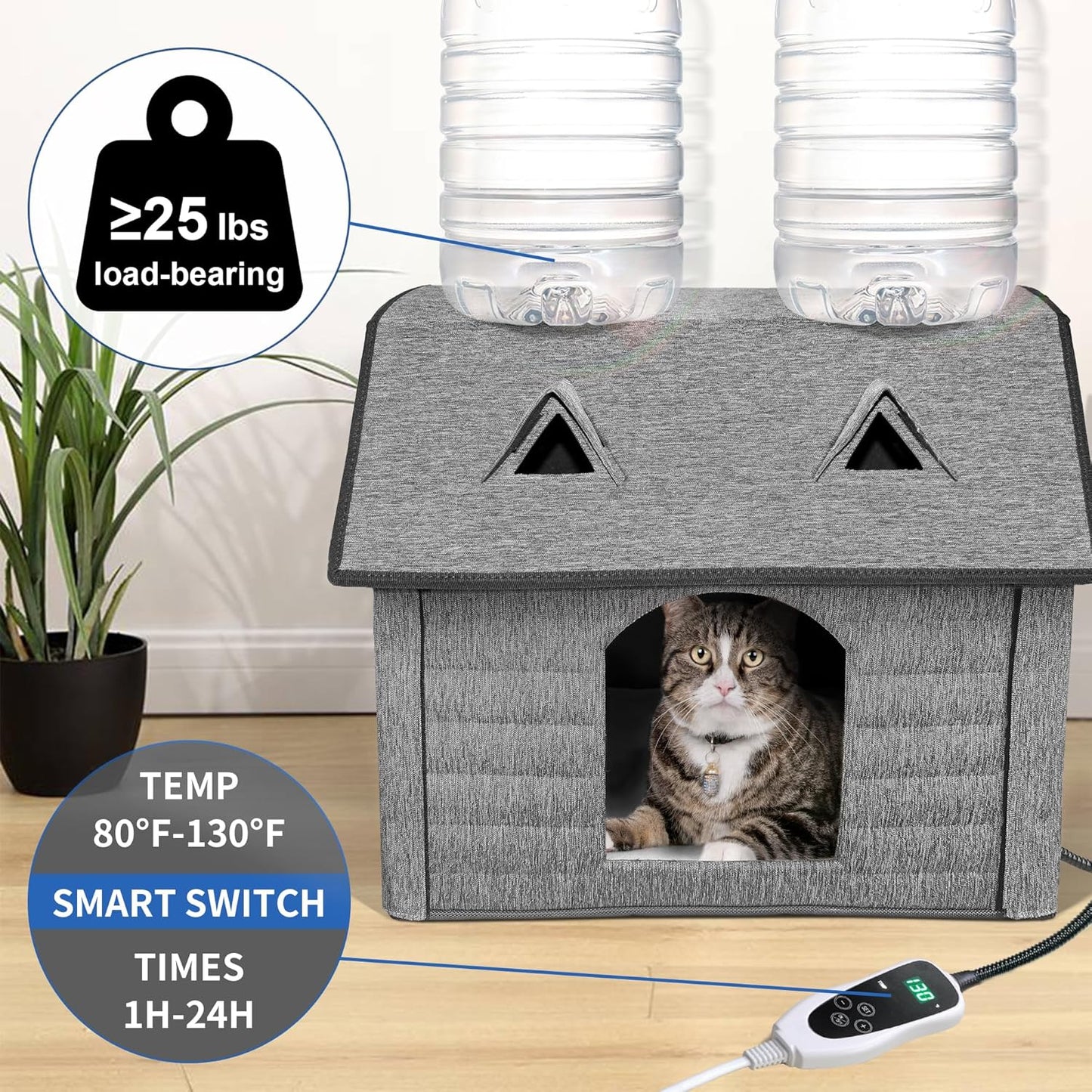 Heated Cat House with Pet Heating Pads – Intelligent Thermostat Controller, Indoor/Outdoor Kitty Shelter, Foldable Heated Bed for Puppies, Waterproof, Sturdy Design with Cute Windows