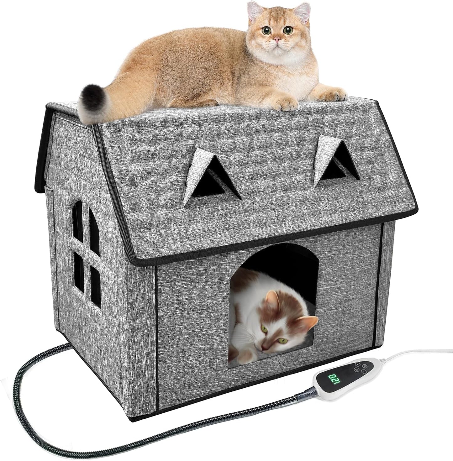 Heated Cat House with Pet Heating Pads – Intelligent Thermostat Controller, Indoor/Outdoor Kitty Shelter, Foldable Heated Bed for Puppies, Waterproof, Sturdy Design with Cute Windows
