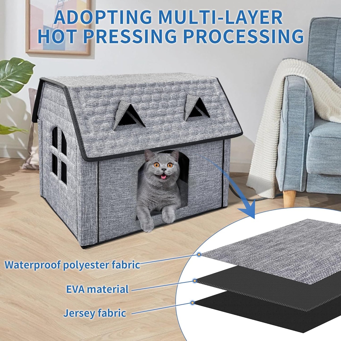 Heated Cat House with Pet Heating Pads – Intelligent Thermostat Controller, Indoor/Outdoor Kitty Shelter, Foldable Heated Bed for Puppies, Waterproof, Sturdy Design with Cute Windows