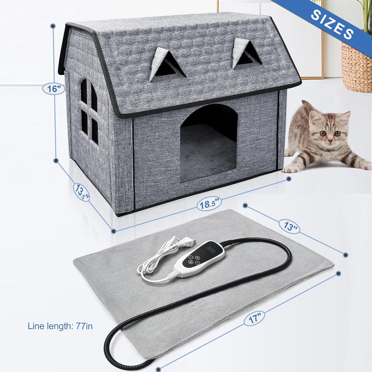 Heated Cat House with Pet Heating Pads – Intelligent Thermostat Controller, Indoor/Outdoor Kitty Shelter, Foldable Heated Bed for Puppies, Waterproof, Sturdy Design with Cute Windows