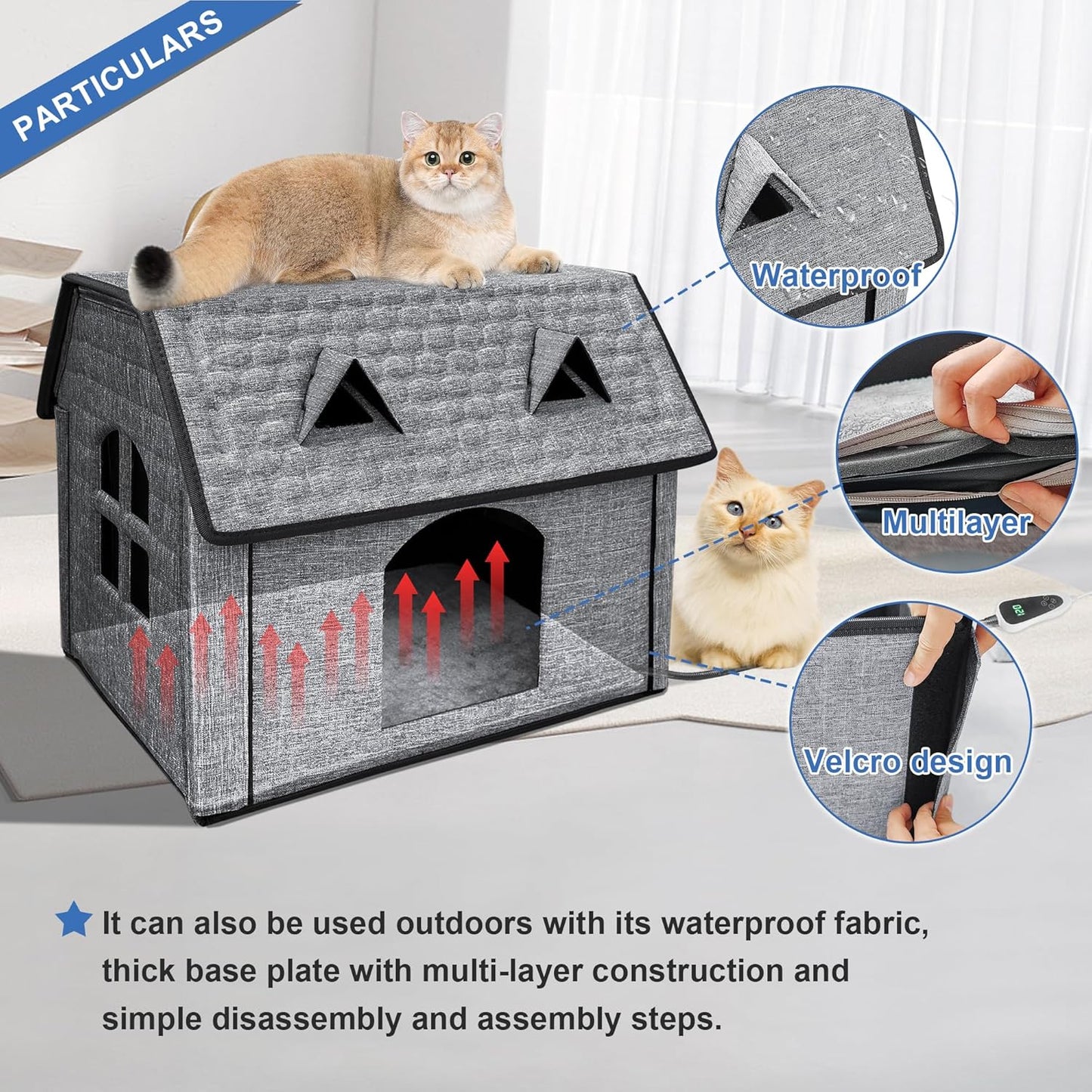 Heated Cat House with Pet Heating Pads – Intelligent Thermostat Controller, Indoor/Outdoor Kitty Shelter, Foldable Heated Bed for Puppies, Waterproof, Sturdy Design with Cute Windows