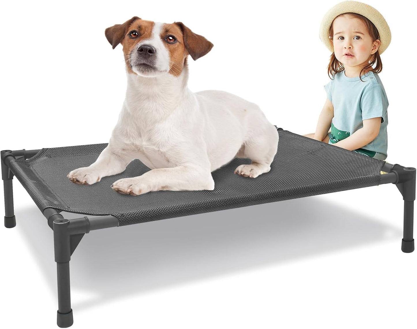 Medium Elevated Outdoor Dog Bed (32x25x8in) – Raised, Waterproof Dog Cot with Breathable Teslin Mesh, Durable Non-Slip Base, Portable Design, Supports Up to 80 lbs, Black