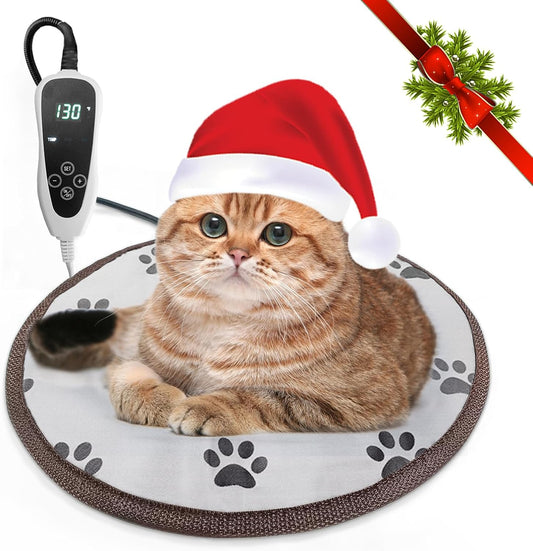 16in Round Cat Heating Pad – Waterproof Heated Bed with Smart Thermostat, Adjustable Temperature, Stability Rope, and Paw Print Design