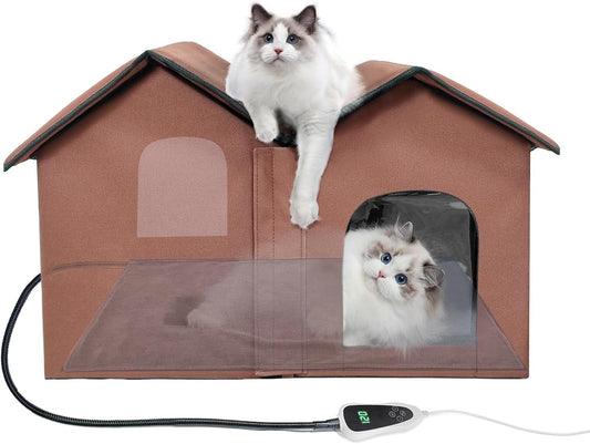 Heated Cat House with Intelligent Thermostat – Foldable Insulated Shelter for Indoor/Outdoor Cats, Large Size with Double Rooms & 2 Doors, Removable Heating Pad, All-Season Use