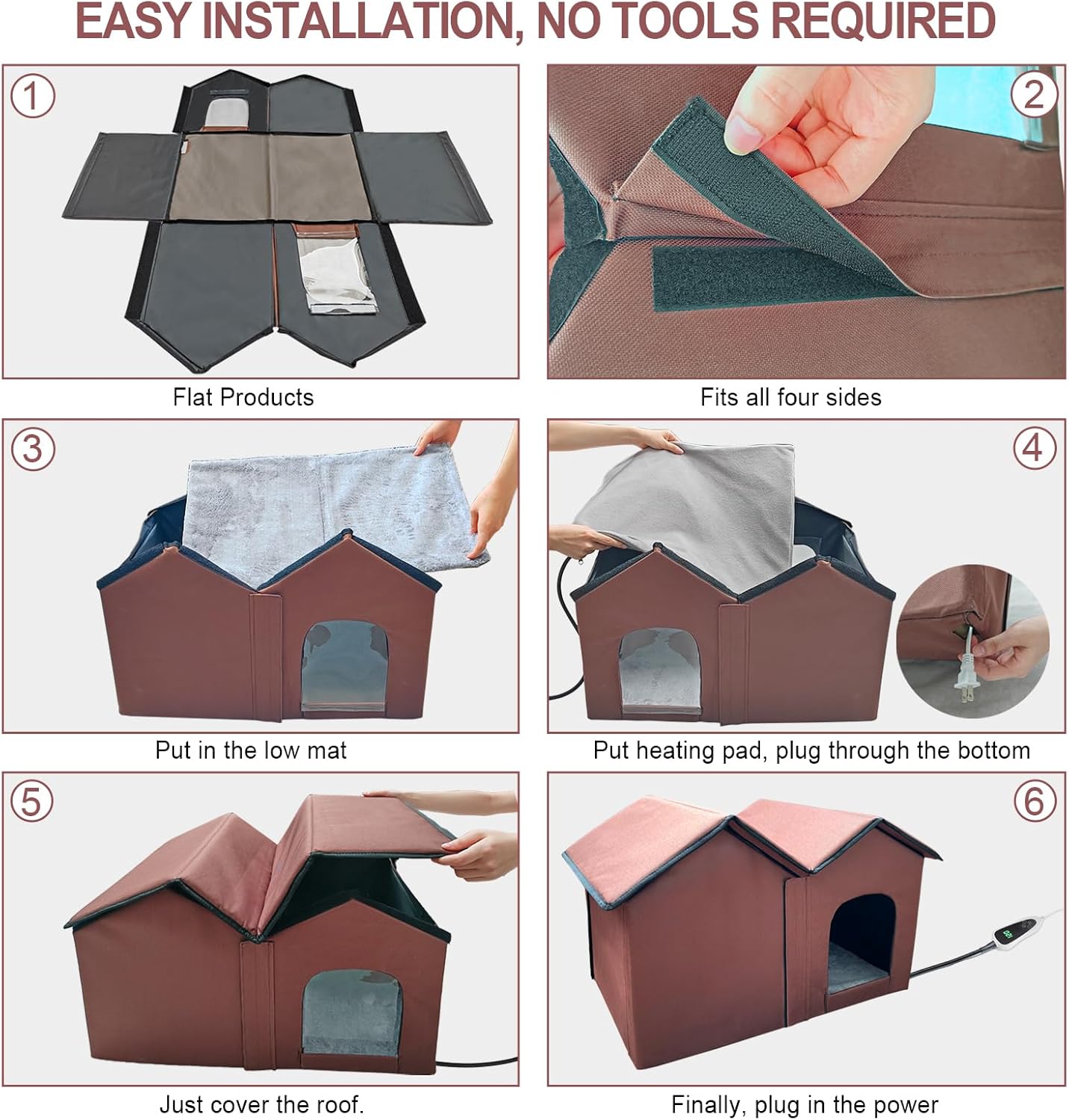Heated Cat House with Intelligent Thermostat – Foldable Insulated Shelter for Indoor/Outdoor Cats, Large Size with Double Rooms & 2 Doors, Removable Heating Pad, All-Season Use