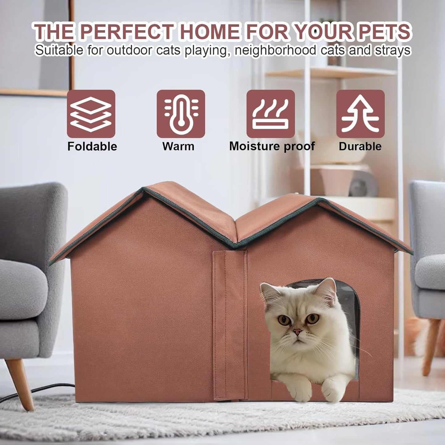 Heated Cat House with Intelligent Thermostat – Foldable Insulated Shelter for Indoor/Outdoor Cats, Large Size with Double Rooms & 2 Doors, Removable Heating Pad, All-Season Use