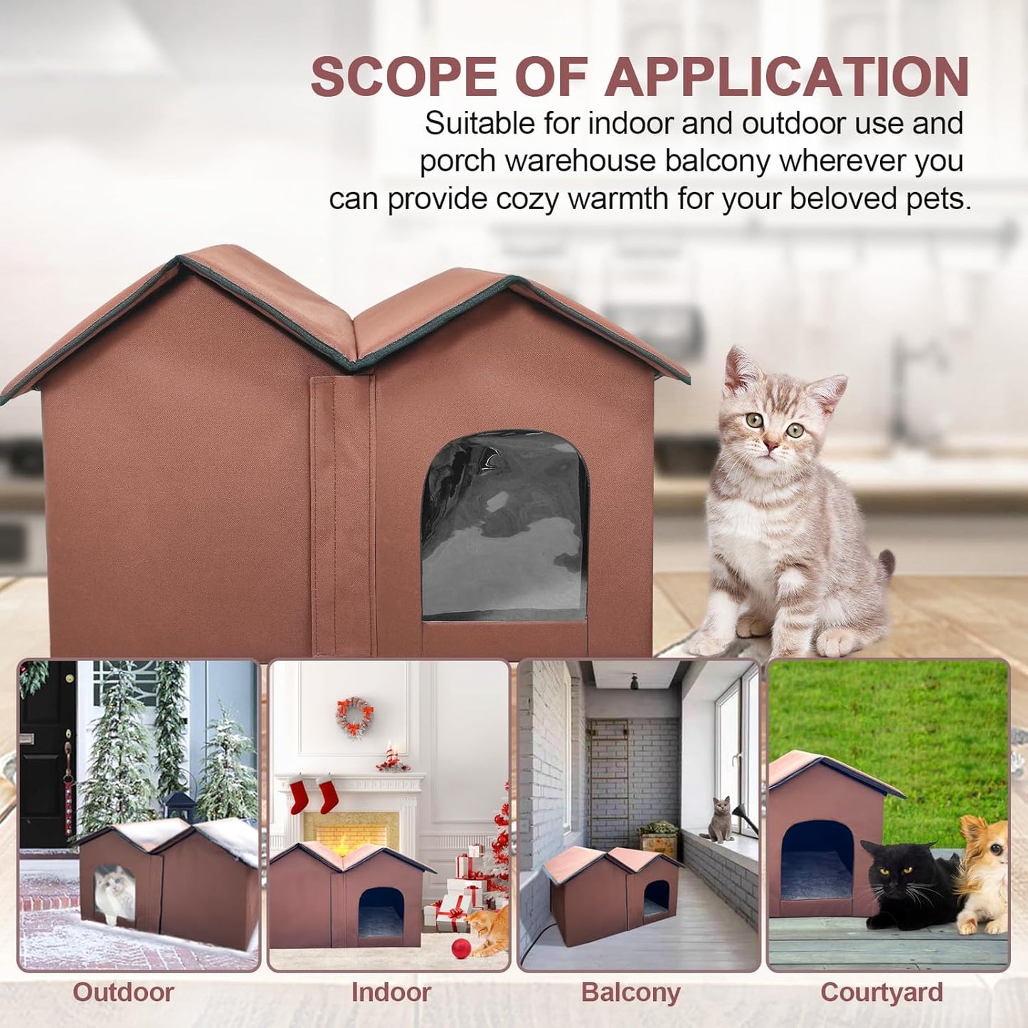 Heated Cat House with Intelligent Thermostat – Foldable Insulated Shelter for Indoor/Outdoor Cats, Large Size with Double Rooms & 2 Doors, Removable Heating Pad, All-Season Use