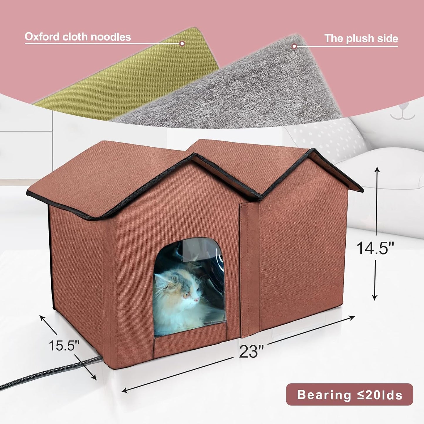 Heated Cat House with Intelligent Thermostat – Foldable Insulated Shelter for Indoor/Outdoor Cats, Large Size with Double Rooms & 2 Doors, Removable Heating Pad, All-Season Use