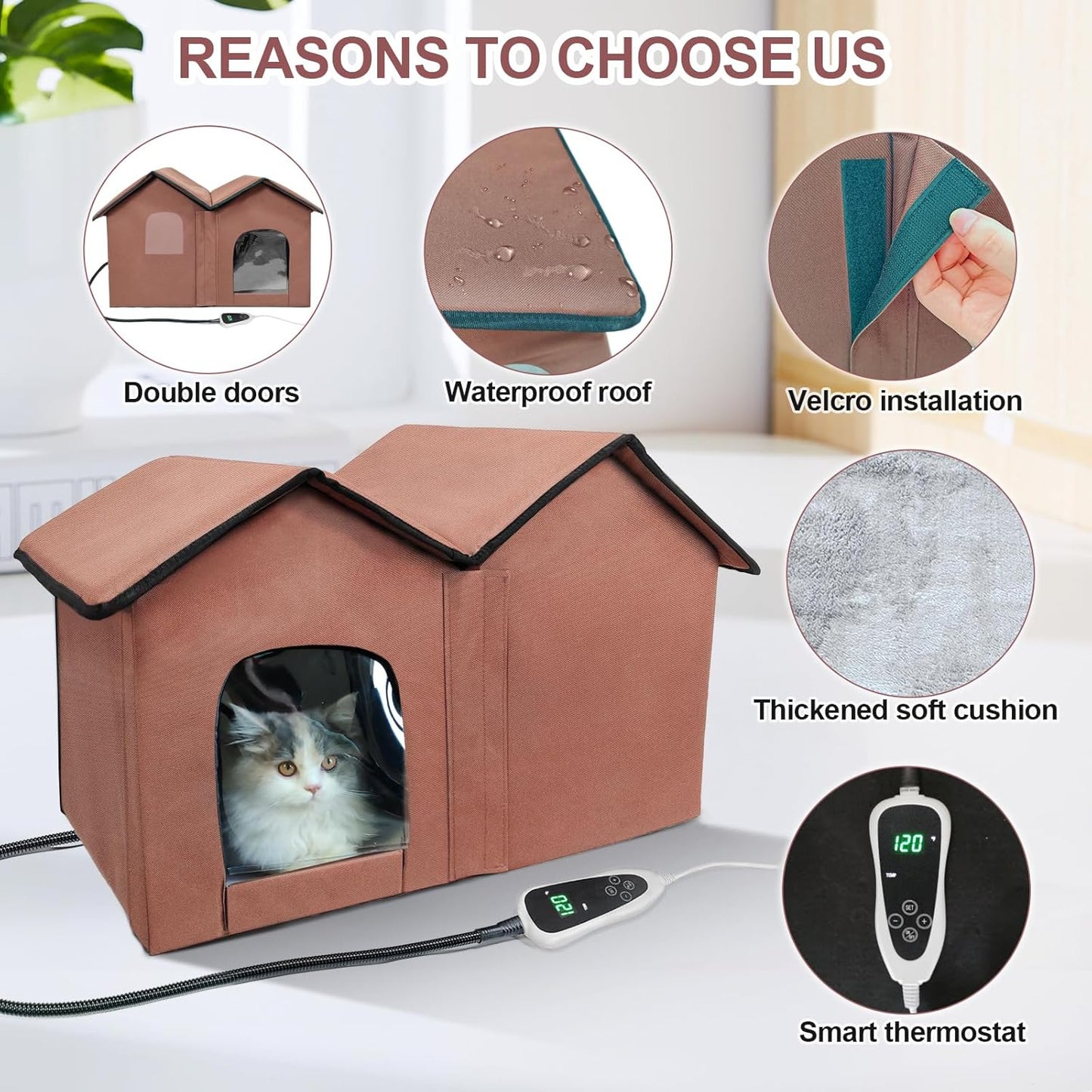 Heated Cat House with Intelligent Thermostat – Foldable Insulated Shelter for Indoor/Outdoor Cats, Large Size with Double Rooms & 2 Doors, Removable Heating Pad, All-Season Use